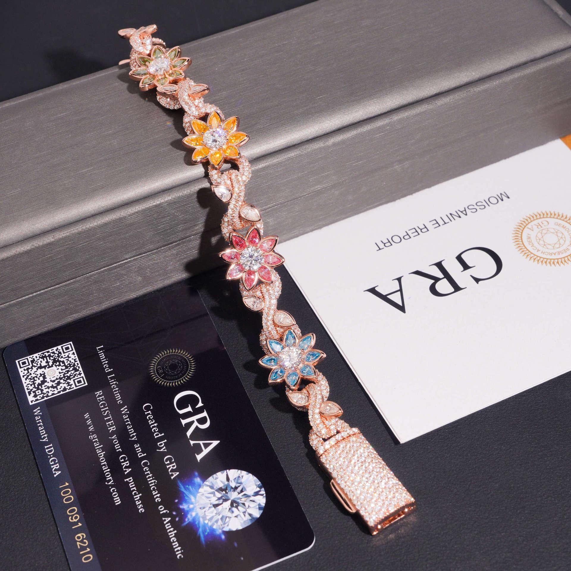 16mm Colored Moissanite Cuban Link Chain with Flower Design – S925 Sterling Silver Iced-Out Hip Hop Men’s Streetwear Necklace - CaratixJewelry