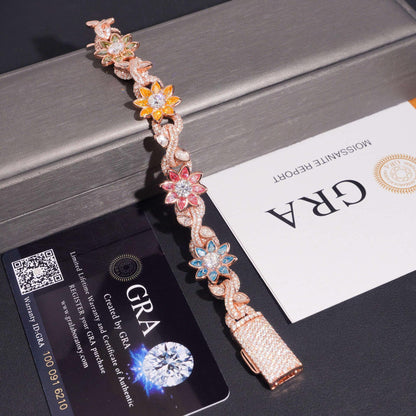 16mm Colored Moissanite Cuban Link Chain with Flower Design – S925 Sterling Silver Iced-Out Hip Hop Men’s Streetwear Necklace - CaratixJewelry