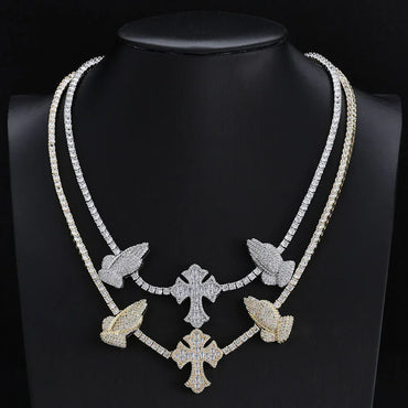 3.5mm Cross Hand Prayer Zircon Tennis Chain Necklace for Men | Caratix Jewelry - CaratixJewelry