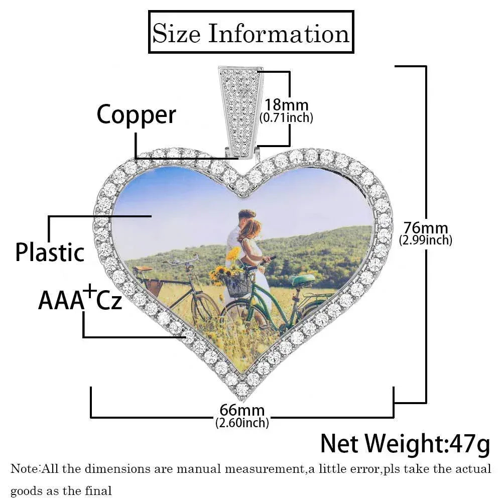 Large Heart Photo Frame Pendant Necklace with DIY Zircon Stones for Men | Caratix Jewelry - CaratixJewelry