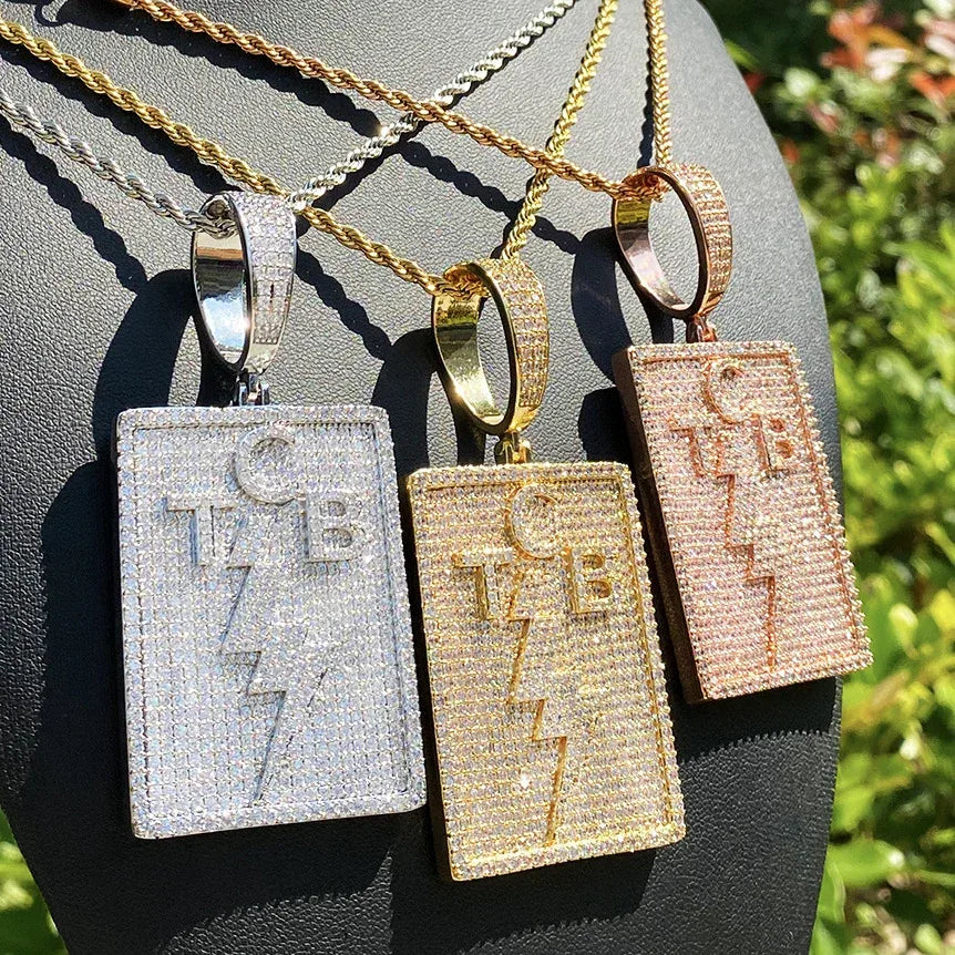 Iced Out TCB Lightning Bolt Dog Tag | Men's "Taking Care of Business" Necklace - CaratixJewelry