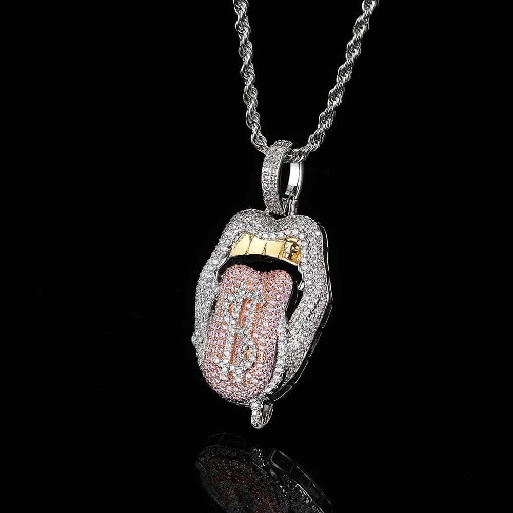 Custom Dollar Mouth & Tongue Pendant Necklace with Micro-Pave Zircon Stones for Men | Caratix Jewelry - CaratixJewelry