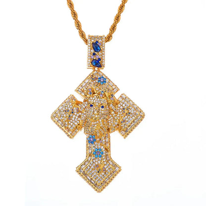 Custom Pendant Necklace with Portrait & Blue Flower Cross | Iced-Out Art Jewelry | Caratix - CaratixJewelry