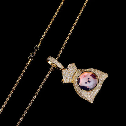Custom Photo Pendant Hip Hop Necklace with Micro-Pave Zircon and DIY Money Bag Frame | Caratix Jewelry - CaratixJewelry