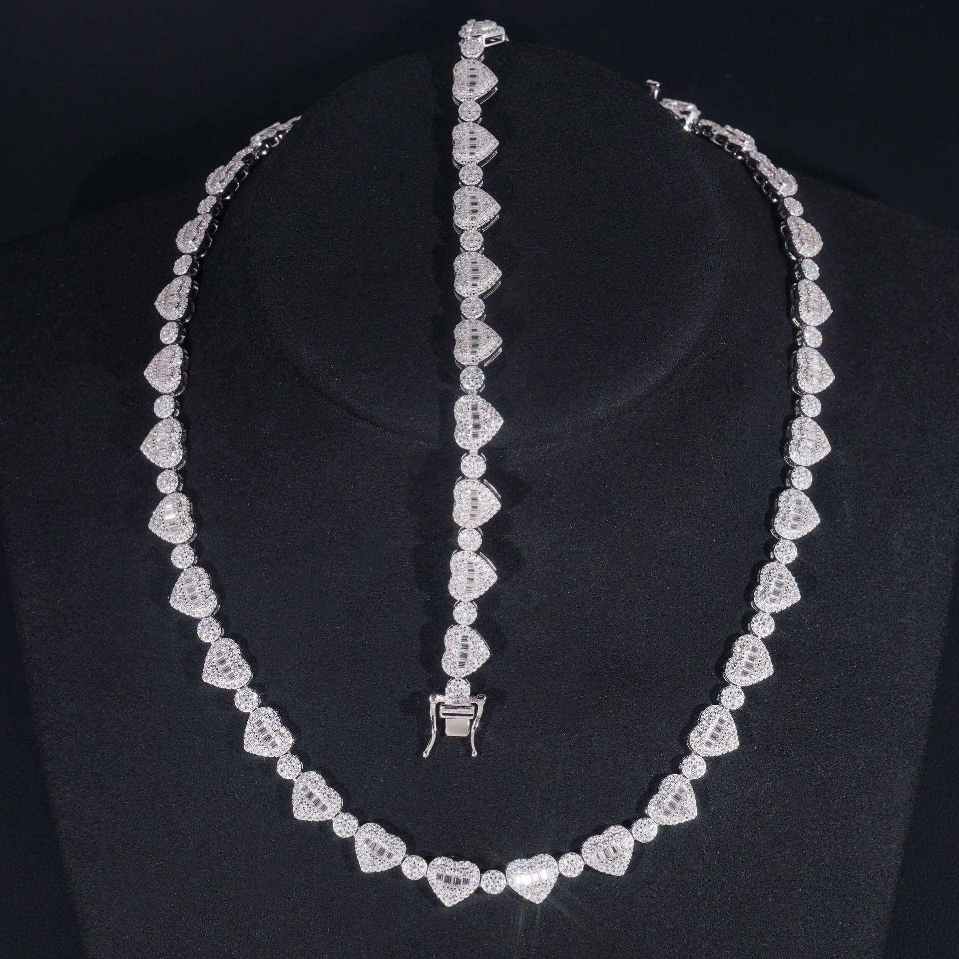 8.5mm Moissanite Heart Necklace & Bracelet | S925 Silver Couple Hip Hop Jewelry - CaratixJewelry