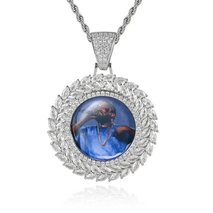 Custom Wheat Ear Round Photo Frame Pendant Necklace with Zircon Stones for Men | Caratix Jewelry - CaratixJewelry