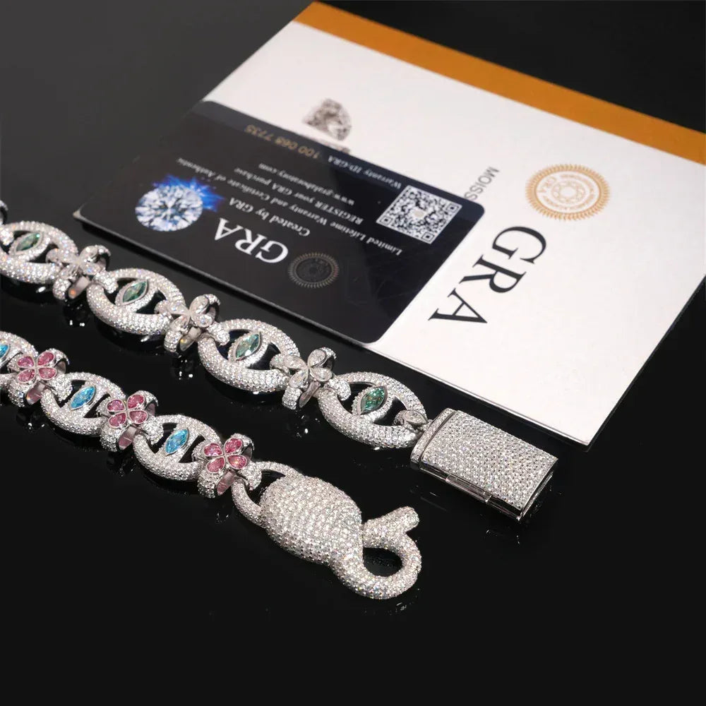 Colored Moissanite Eye & Cross Bracelet – S925 Sterling Silver Iced-Out Hip Hop Streetwear Jewelry - CaratixJewelry
