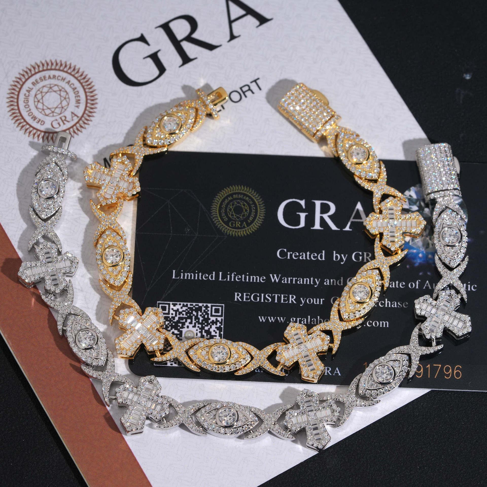 14mm Moissanite Cuban Link Bracelet with Cross & Eye Design – S925 Sterling Silver Iced-Out Hip Hop Streetwear Jewelry - CaratixJewelry