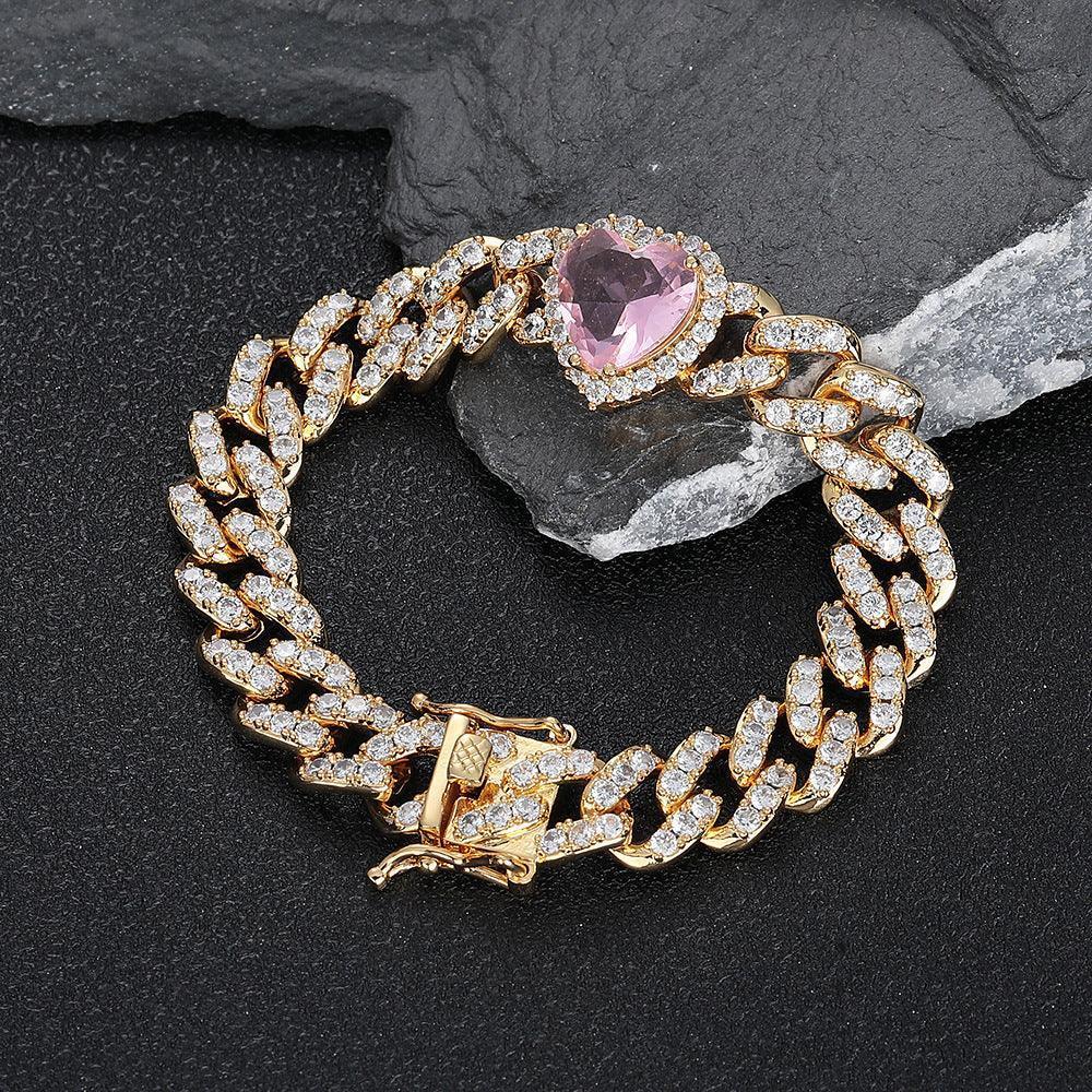 10mm Pink Zircon Heart Cuban Link Bracelet - CaratixJewelry