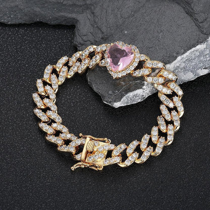 10mm Pink Zircon Heart Cuban Link Bracelet - CaratixJewelry