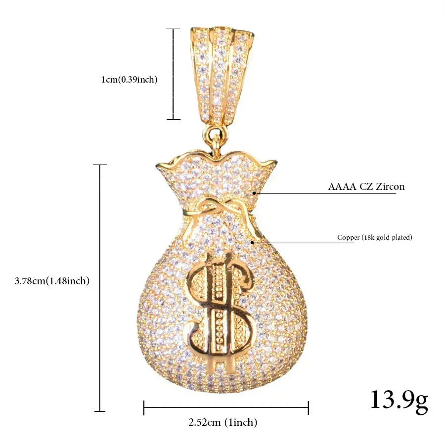 Iced Out Money Bag Pendant | CZ Hip Hop Men’s Streetwear Fashion Jewelry - CaratixJewelry