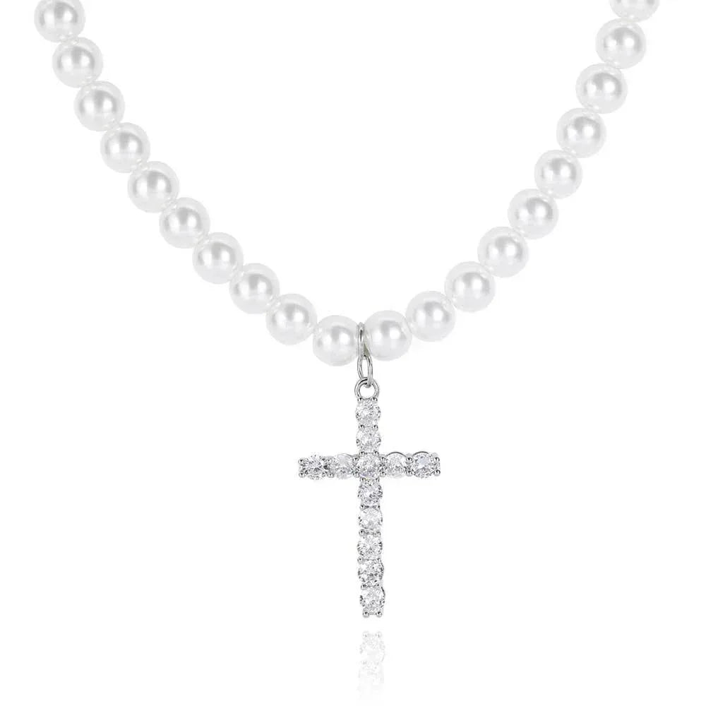 Simple Cross Pendant Pearl Necklace for Men and Women | Trendy Hip Hop Jewelry | Caratix Jewelry - CaratixJewelry