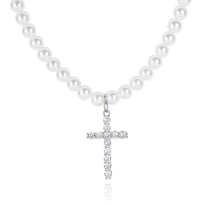 Simple Cross Pendant Pearl Necklace for Men and Women | Trendy Hip Hop Jewelry | Caratix Jewelry - CaratixJewelry