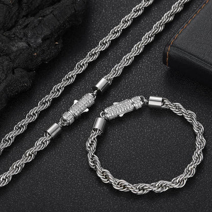 6mm Iced Out Rope Chain Stainless Steel Titanium Necklace Gold Chain Rapper Style | Caratix Jewelry - CaratixJewelry