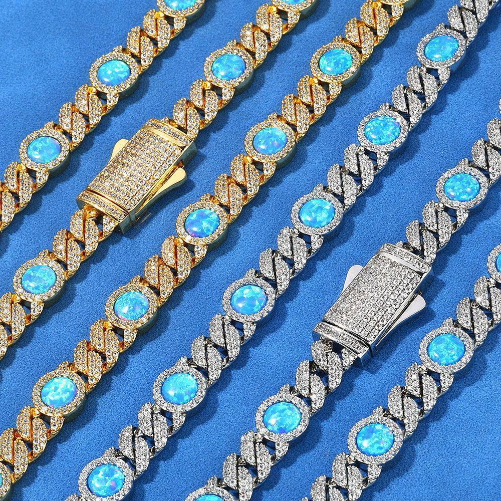 8mm Blue Gemstone Opal Zircon Hip Hop Jewelry Cuban Bracelet - CaratixJewelry