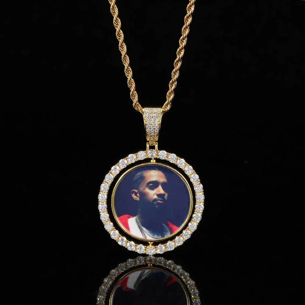 Custom Rotating Double-Sided Round Photo Pendant Necklace with Micro-Pave Zircon Stones | Caratix Jewelry - CaratixJewelry