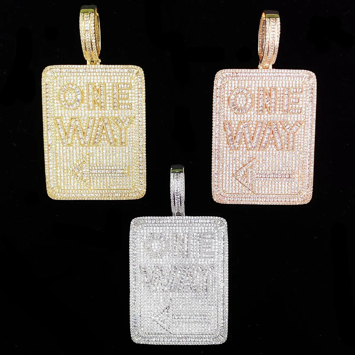 Iced Out "ONE WAY" Rectangular Pendant | Men's Real Copper CZ Plaque Necklace - CaratixJewelry