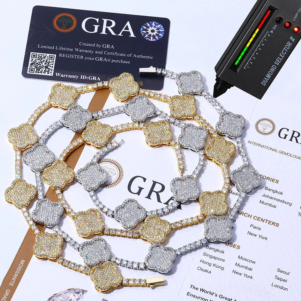 Women's S925 Sterling Silver Moissanite Clover Tennis Chain | VVS1 Iced Out Necklace | Premium Hip Hop Jewelry | Caratix - CaratixJewelry