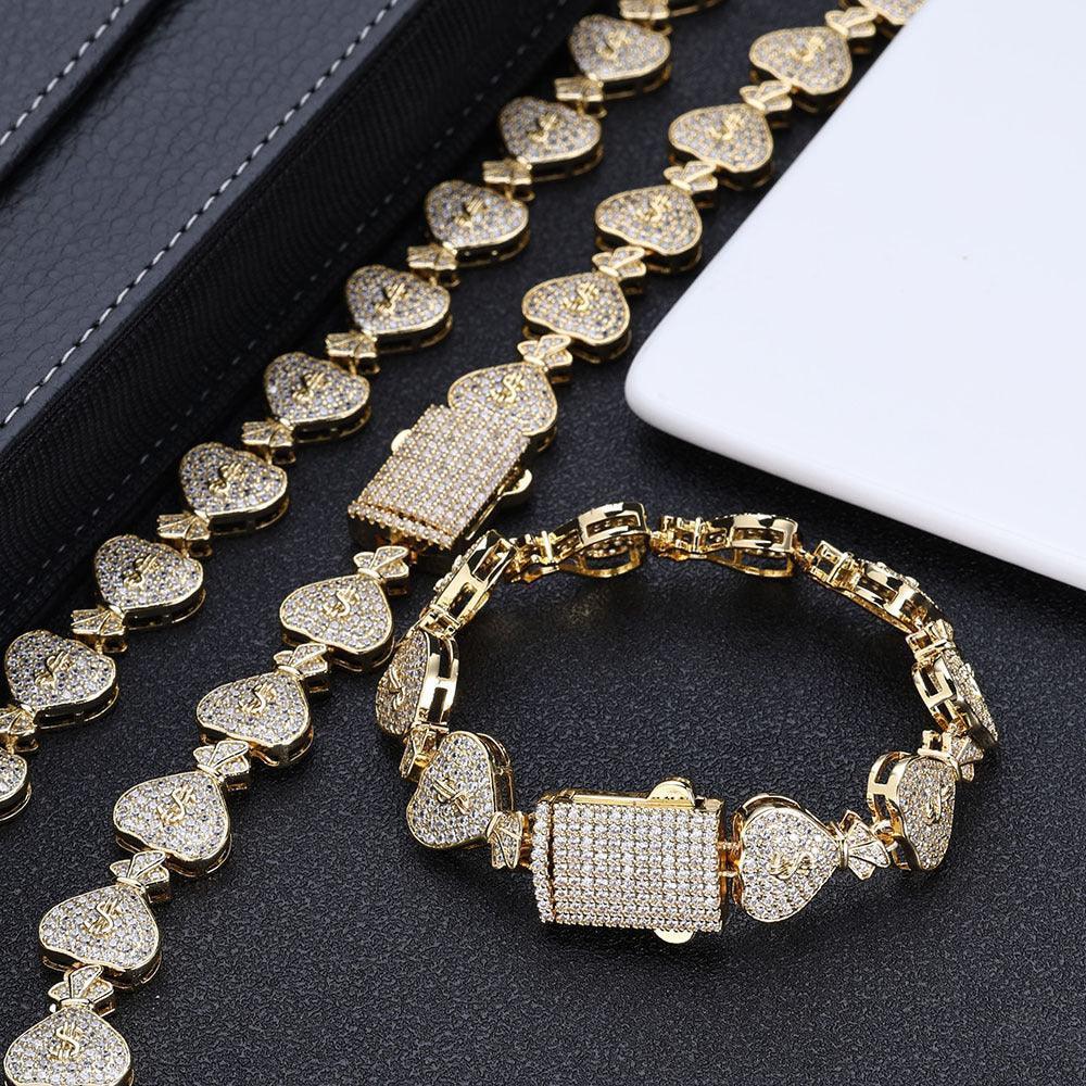 15mm Money Bag Cuban Bracelet Zircon Rapper Chain - CaratixJewelry