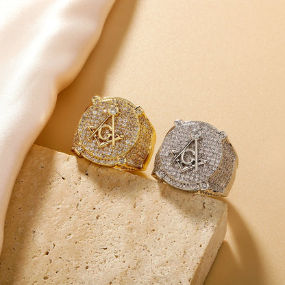Men's Iced Out Masonic Ring | Retro AG Compass & Square Signet | Caratix