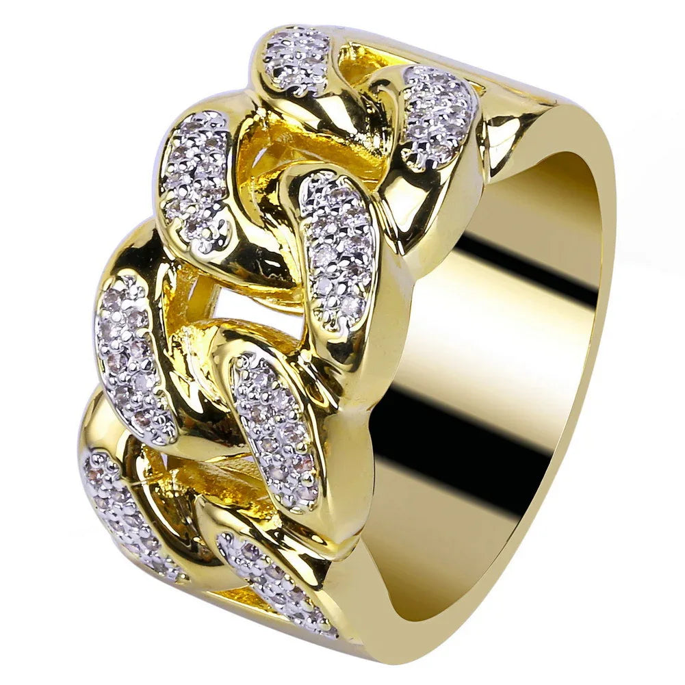 18K Gold Plated Iced Out Chain Link Ring | Pave Zirconia Band | Caratix