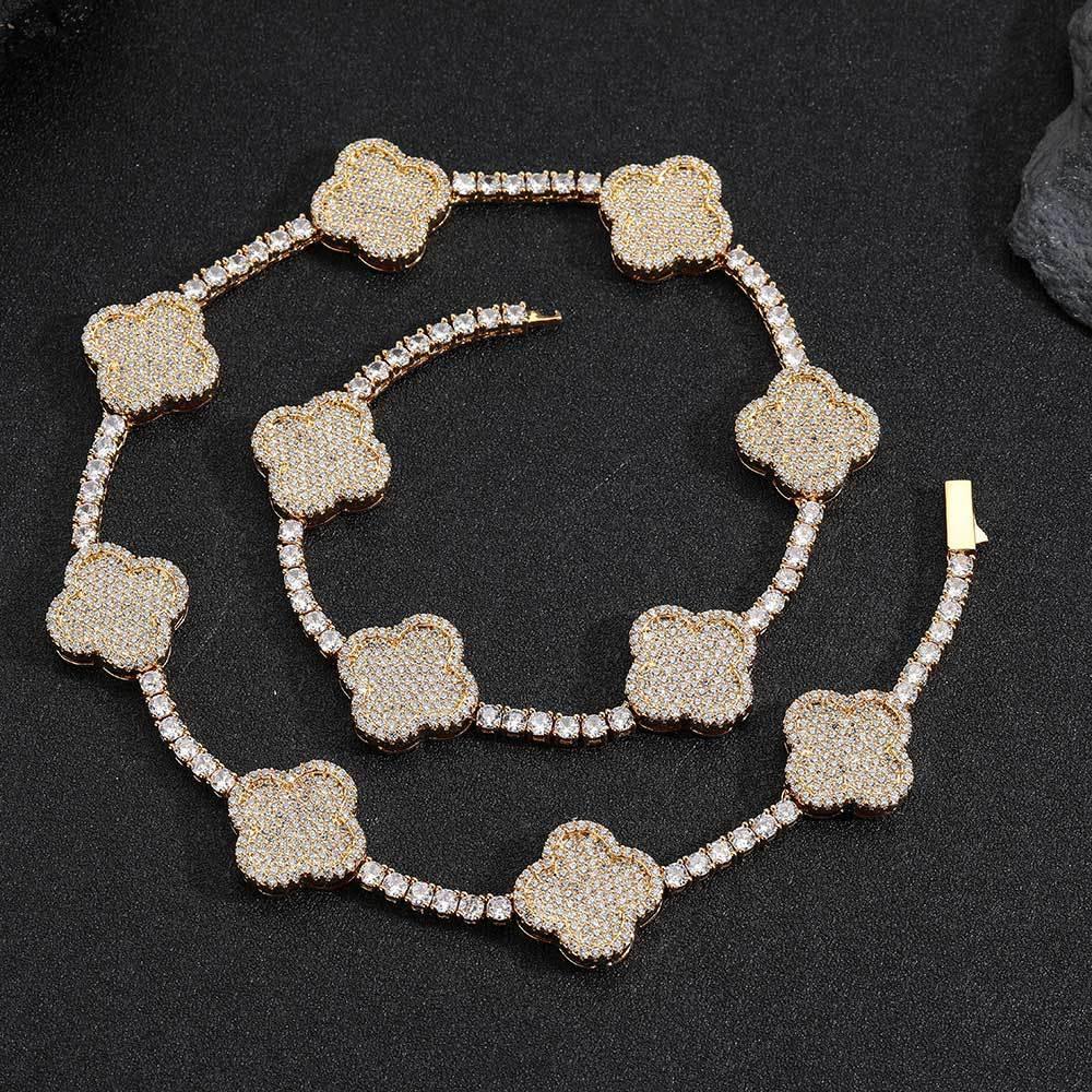 Men's Spring Clasp Clover Tennis Chain | 5mm Iced Out Zircon Necklace | Premium Gold Chain Rapper Style | Caratix - CaratixJewelry