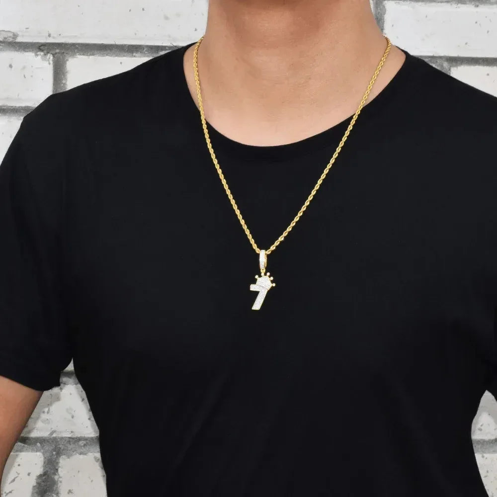 Luxury Iced Out Crown Number 7 Pendant | Lucky 7 Men's Hip Hop Necklace | Premium Copper CZ King Jewelry | CR7 Style Bling | Caratix - CaratixJewelry