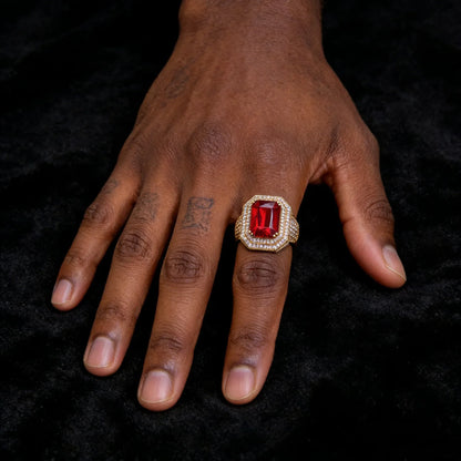 Men's Red Stone Iced Out Ring | Ruby Centerpiece Hip Hop Band | Caratix