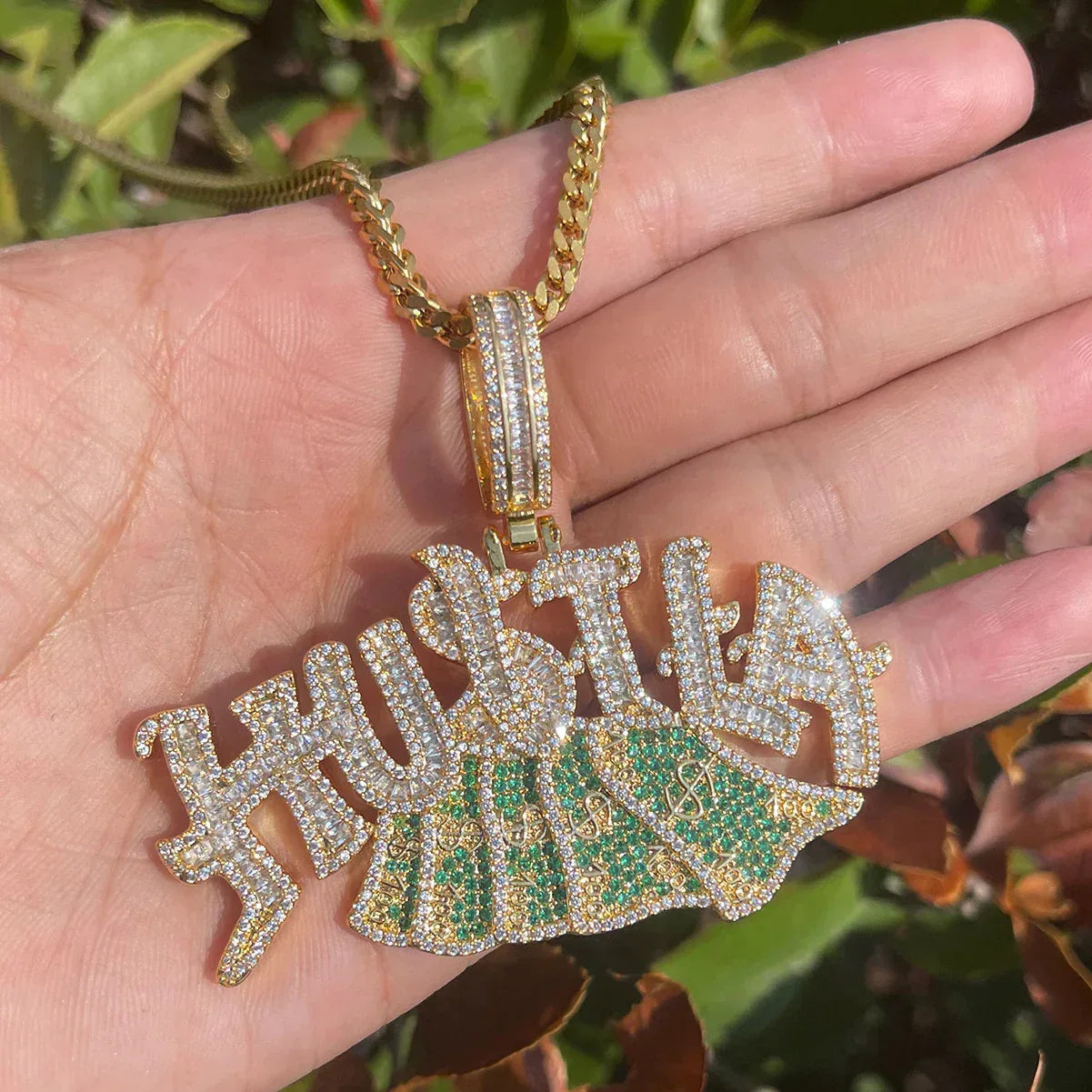 Iced Out "Hustle" Dollar Sign Pendant | Men's Real Copper CZ Necklace - CaratixJewelry