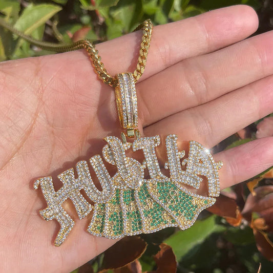 Iced Out "Hustle" Dollar Sign Pendant | Men's Real Copper CZ Necklace - CaratixJewelry