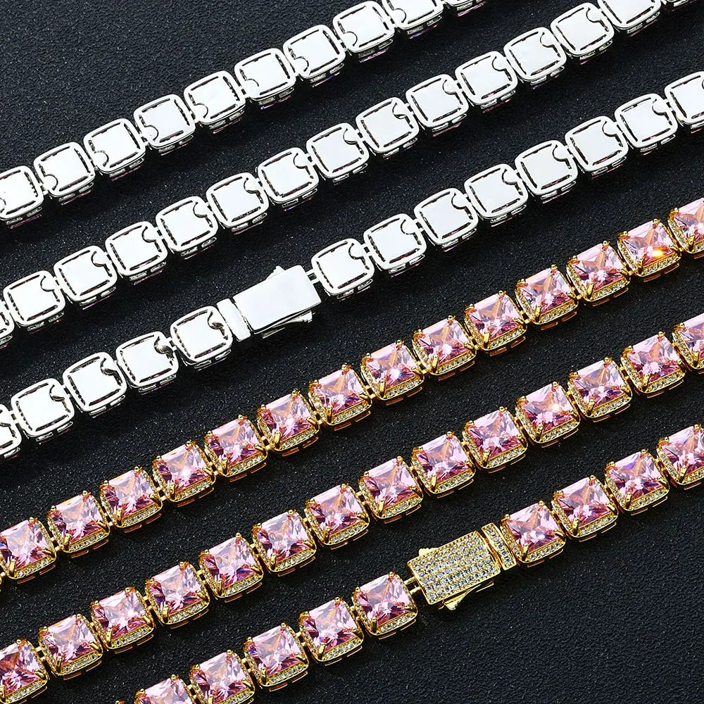 Custom 10mm Pink Baguette Sugar Link Necklace Hip Hop Bling | Caratix - CaratixJewelry