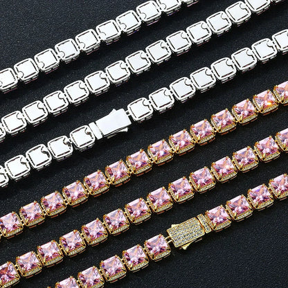 Custom 10mm Pink Baguette Sugar Link Necklace Hip Hop Bling | Caratix - CaratixJewelry