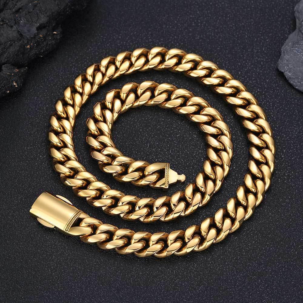 12mm Cuban Chain Necklace with 18K Gold Plating and Spring Clasp for Men | Polished Stainless Steel | Caratix Jewelry - CaratixJewelry