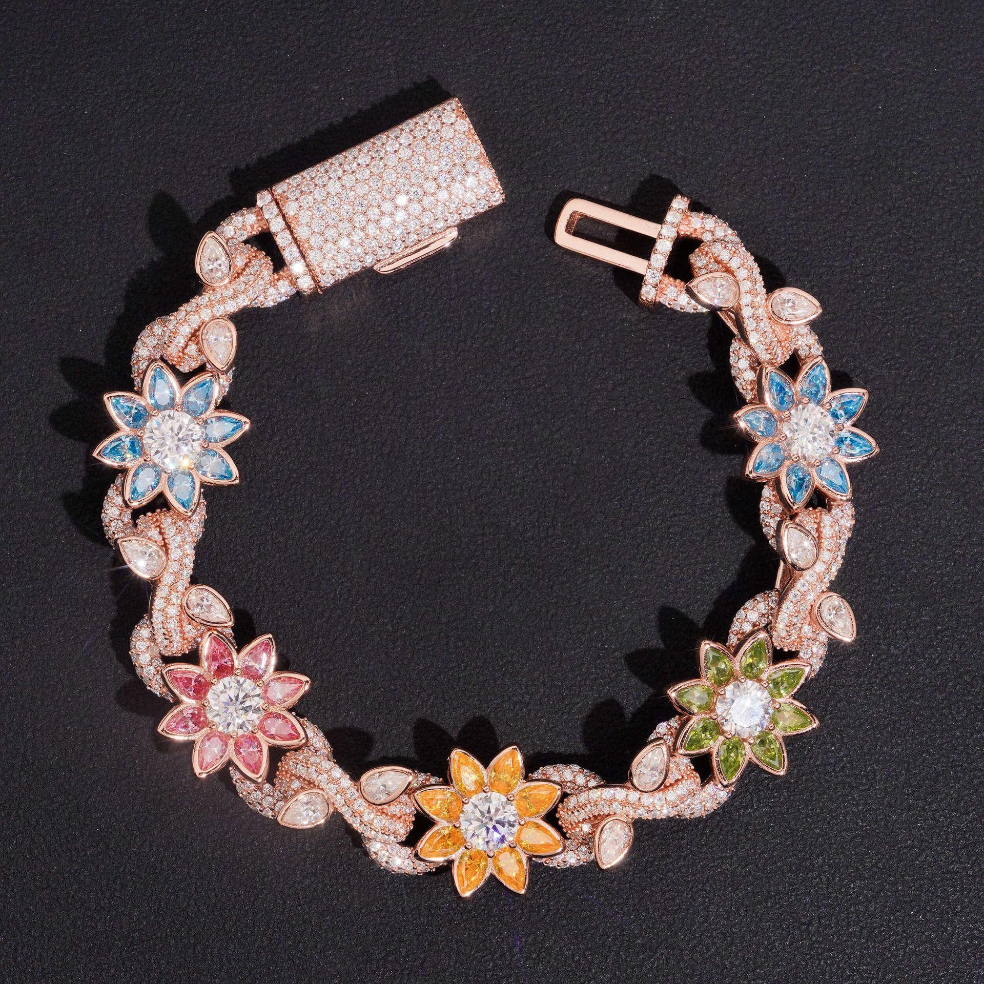 16mm Colored Moissanite Cuban Link Chain with Flower Design – S925 Sterling Silver Iced-Out Hip Hop Men’s Streetwear Necklace - CaratixJewelry