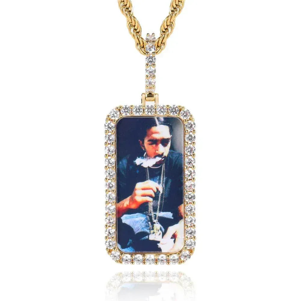 Custom Small Square Photo Pendant Necklace with Zircon Stones for Men | Caratix Jewelry - CaratixJewelry