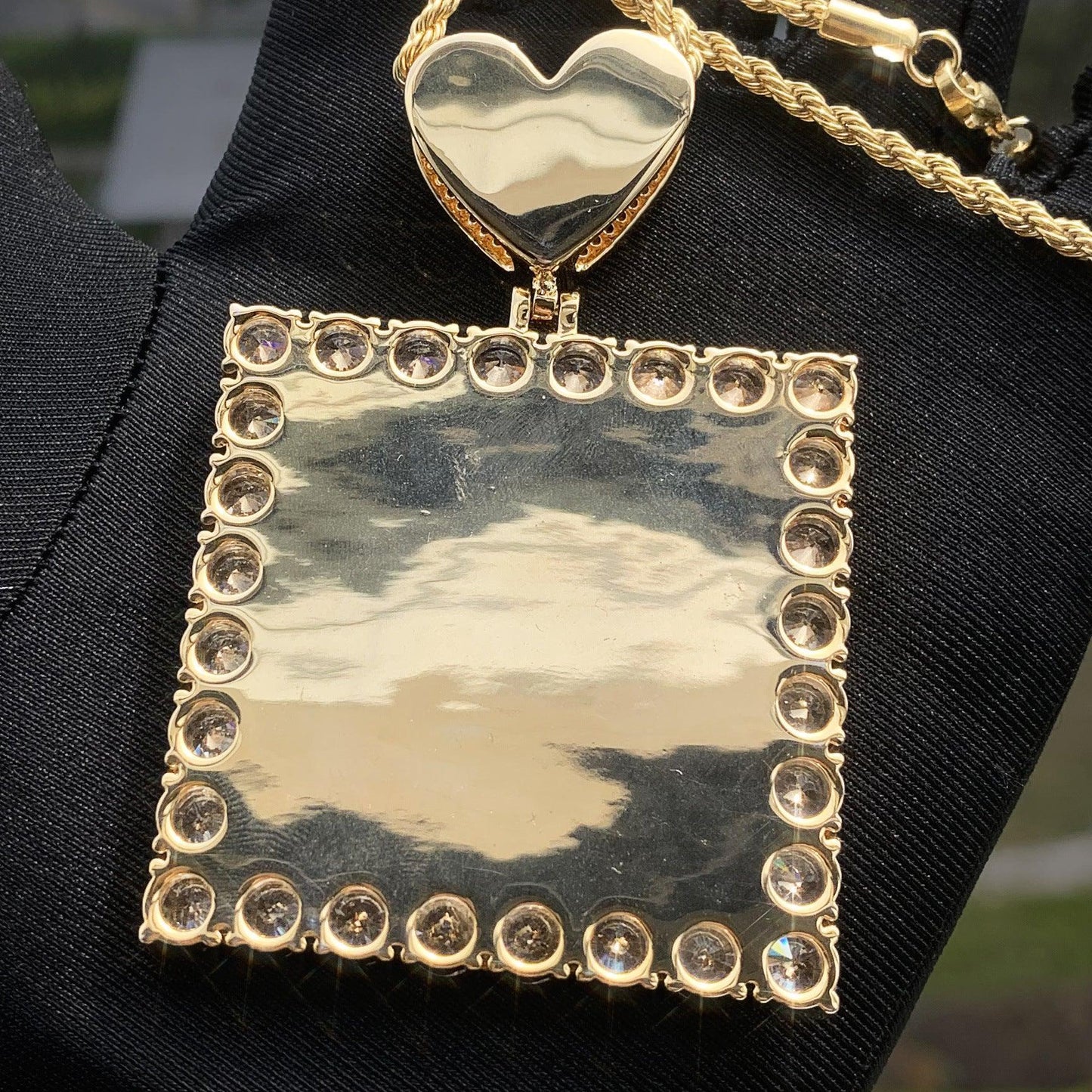 Dog Tag Photo Pendant with Heart Clasp | CZ Iced Out Custom Picture Hip Hop Necklace - CaratixJewelry