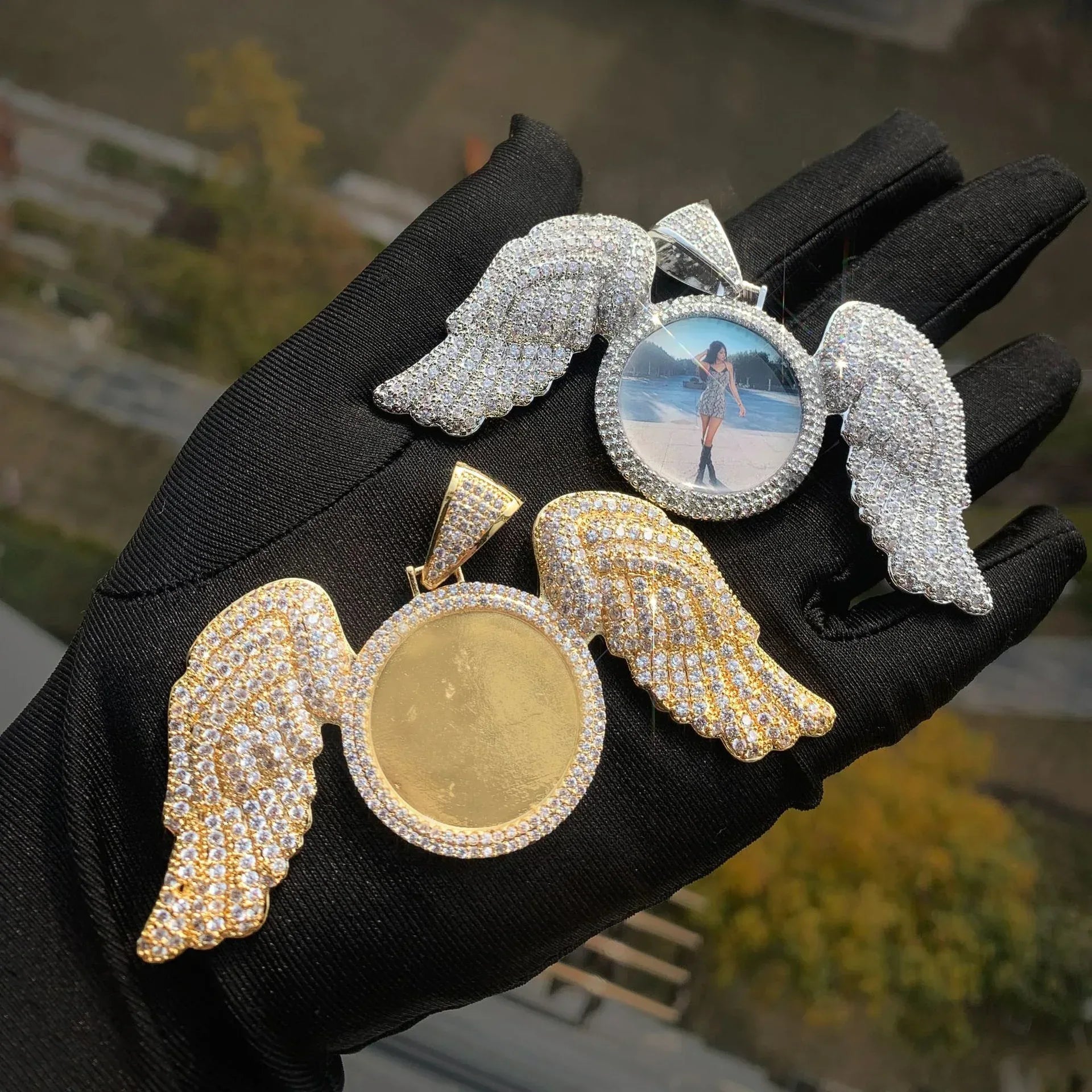 Wing Photo Pendant Necklace | Iced Out CZ Custom Picture DIY Couple Jewelry - CaratixJewelry