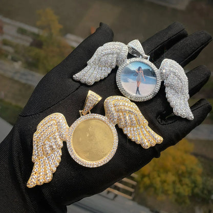 Wing Photo Pendant Necklace | Iced Out CZ Custom Picture DIY Couple Jewelry - CaratixJewelry