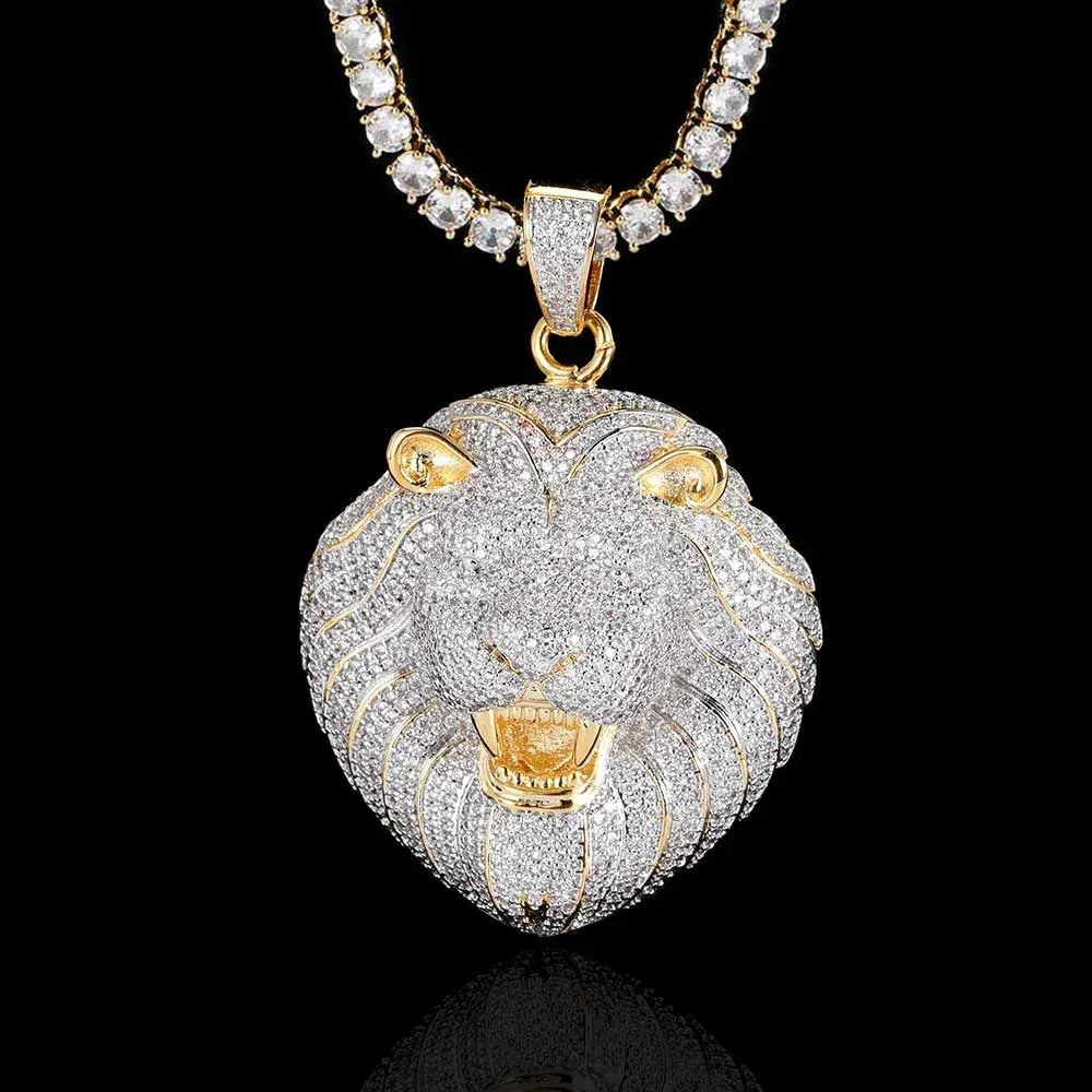 Custom Full Lion Head Pendant Necklace with Zircon Stones and Gold Plating for Men | Caratix Jewelry - CaratixJewelry