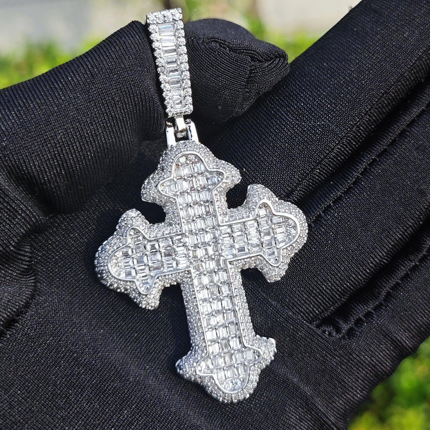 Iced Out Step-Cut Cross Pendant Necklace- Hip Hop CZ - CaratixJewelry