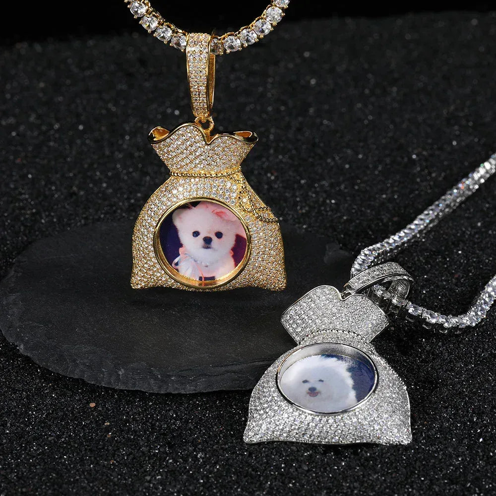 Custom Photo Pendant Hip Hop Necklace with Micro-Pave Zircon and DIY Money Bag Frame | Caratix Jewelry - CaratixJewelry