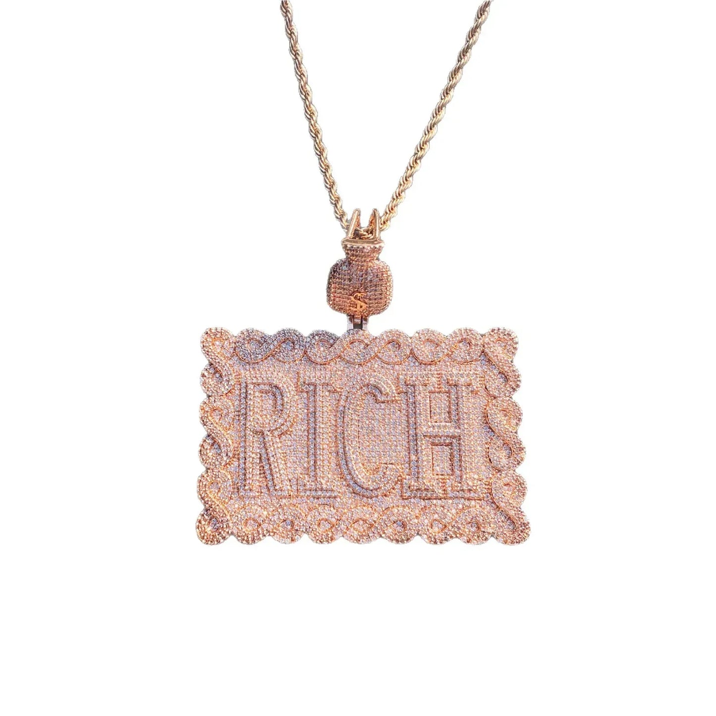Iced Out "RICH" Dollar Sign Pendant | Men's Real Copper Square Medallion Necklace - CaratixJewelry
