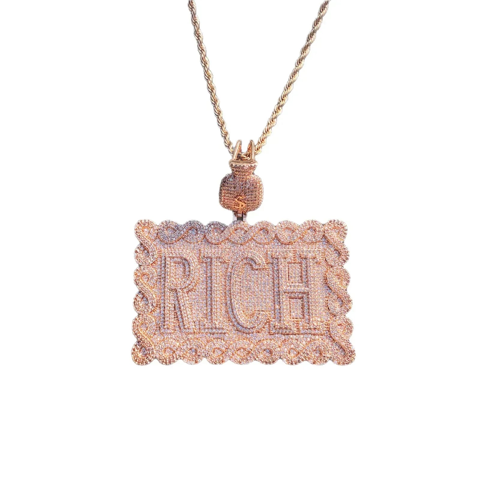 Iced Out "RICH" Dollar Sign Pendant | Men's Real Copper Square Medallion Necklace - CaratixJewelry