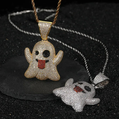 Large Tongue Out Ghost Pendant Necklace with Micro-Pave Zircon for Men | Caratix Jewelry - CaratixJewelry
