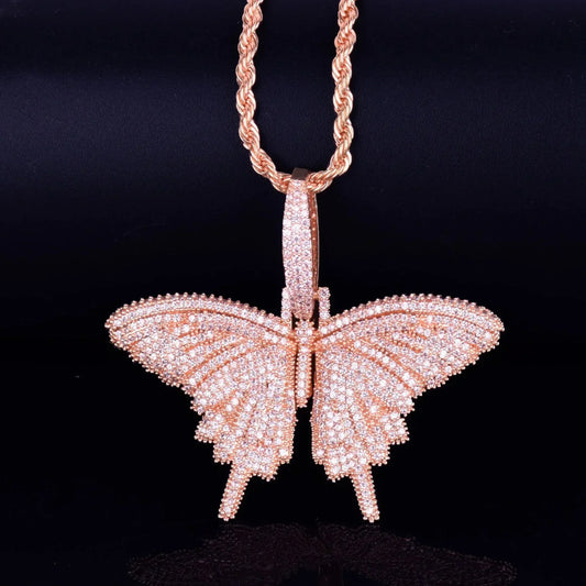 Vibrant Pink Iced Out Butterfly Pendant | Unisex Hip Hop Rock Necklace | Premium Copper Pink Zircon Jewelry | Y2K Streetwear Bling | Caratix - CaratixJewelry