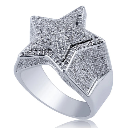 Men's Iced Out 3D Star Ring | Hip Hop Pentagram Signet Band | Caratix
