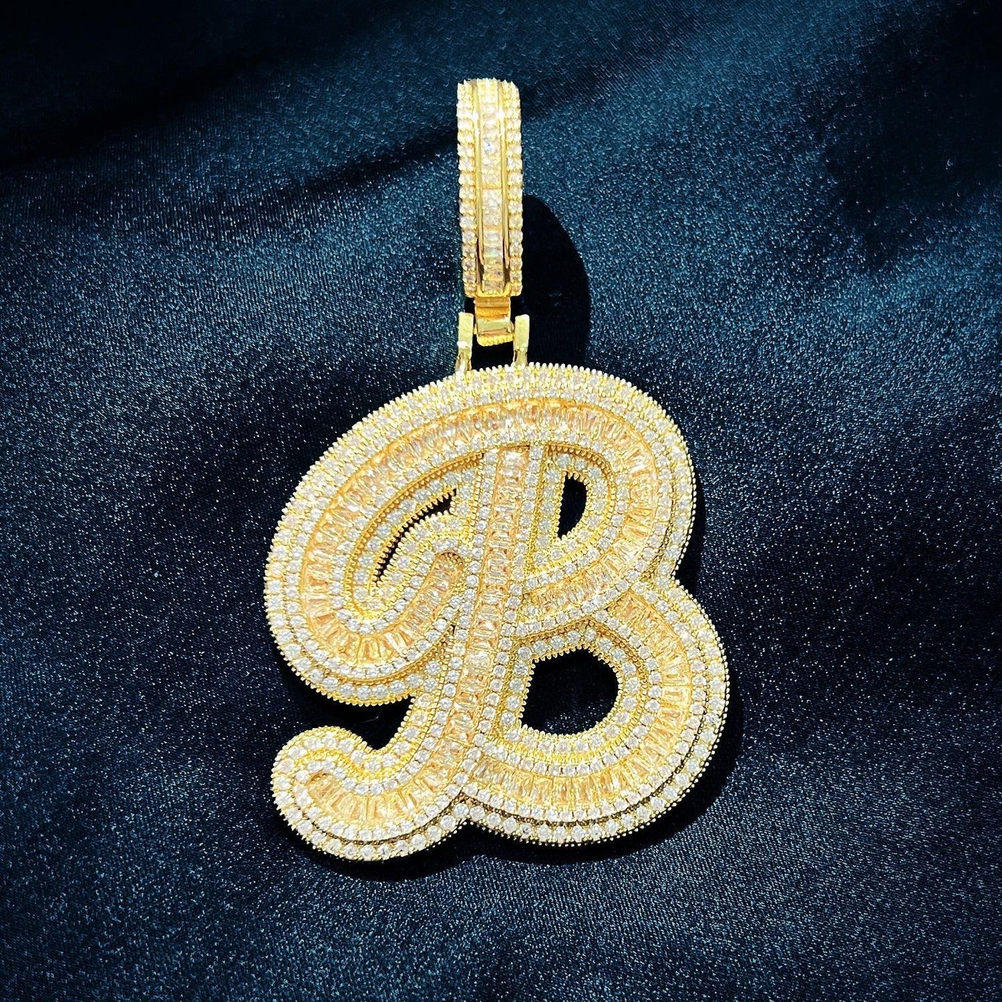 Baguette Script Letter Pendant | CZ Iced Out Hip Hop Unisex Streetwear Necklace - CaratixJewelry