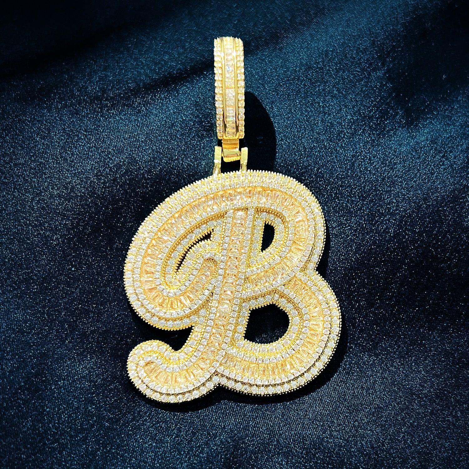 Baguette Script Letter Pendant | CZ Iced Out Hip Hop Unisex Streetwear Necklace - CaratixJewelry