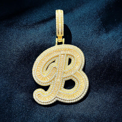Baguette Script Letter Pendant | CZ Iced Out Hip Hop Unisex Streetwear Necklace - CaratixJewelry