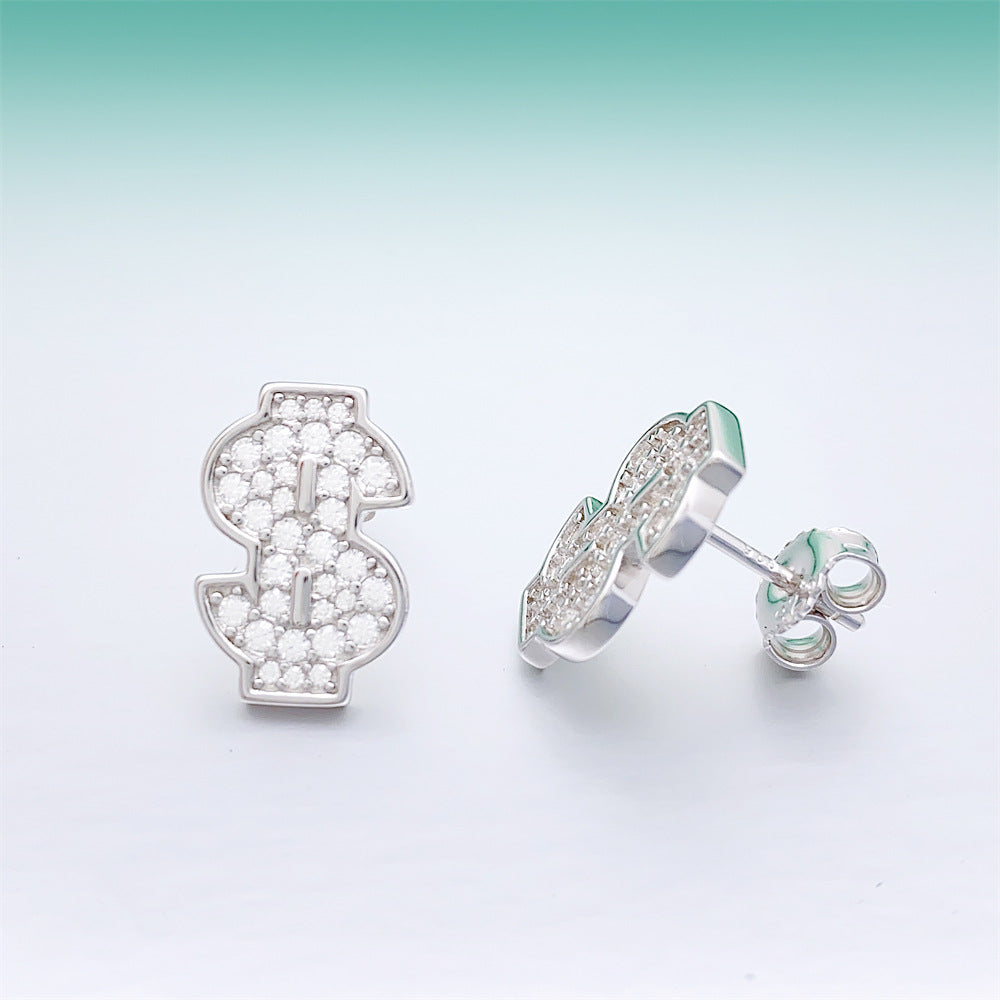 S925 Sterling Silver Money Sign Moissanite Studs | Iced Out Dollar Earring | Caratix